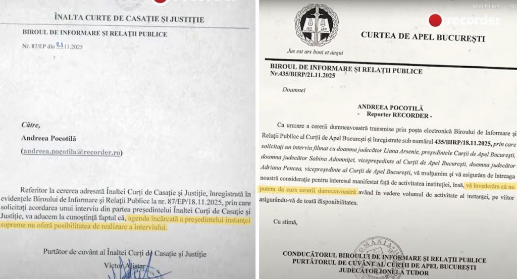 Președinta Curții de Apel București, Liana Arsenie, a ieșit luni seara în fața publicului cu o explicație oficială menită să clarifice anumite aspecte legate de activitatea instanței și de răspunsul la acuzațiile de „capturare” a justiției, aduse în urma difuzării documentarului „Justiție capturată” de către portalul Recorder în decembrie anul trecut