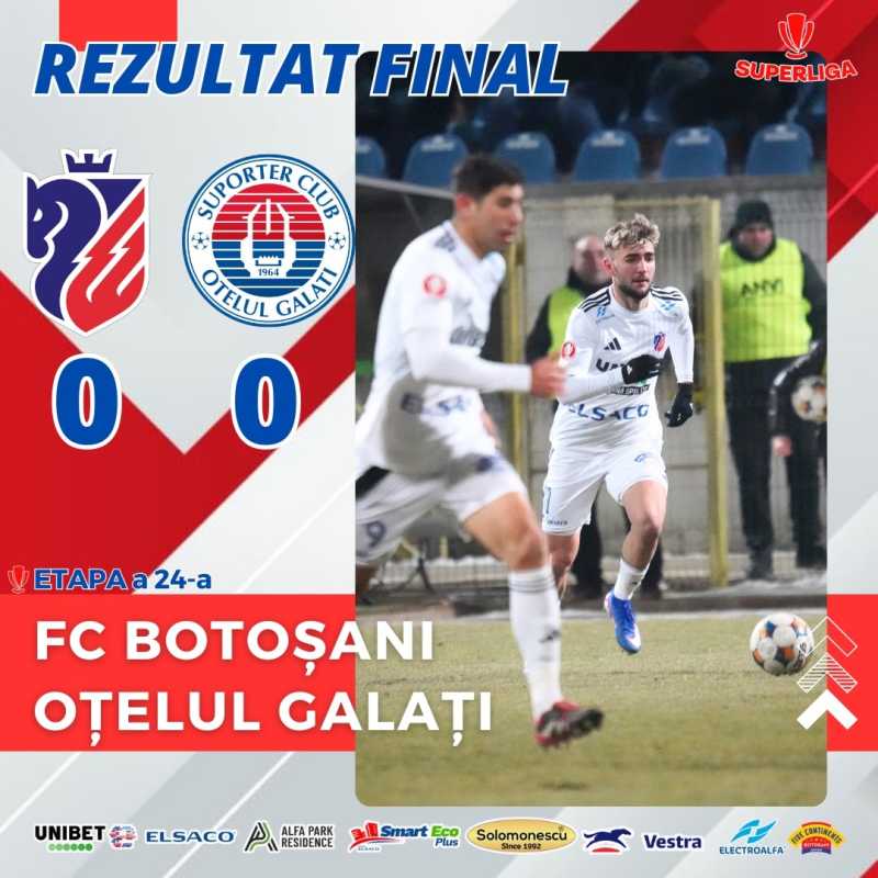 FC Botoșani și Oțelul Galați, remiză fără goluri în Superligă FC Botoșani a terminat partida cu Oțelul Galați la egalitate, 0-0, într-un meci disputat luni seara pe Stadionul Municipal din Botoșani