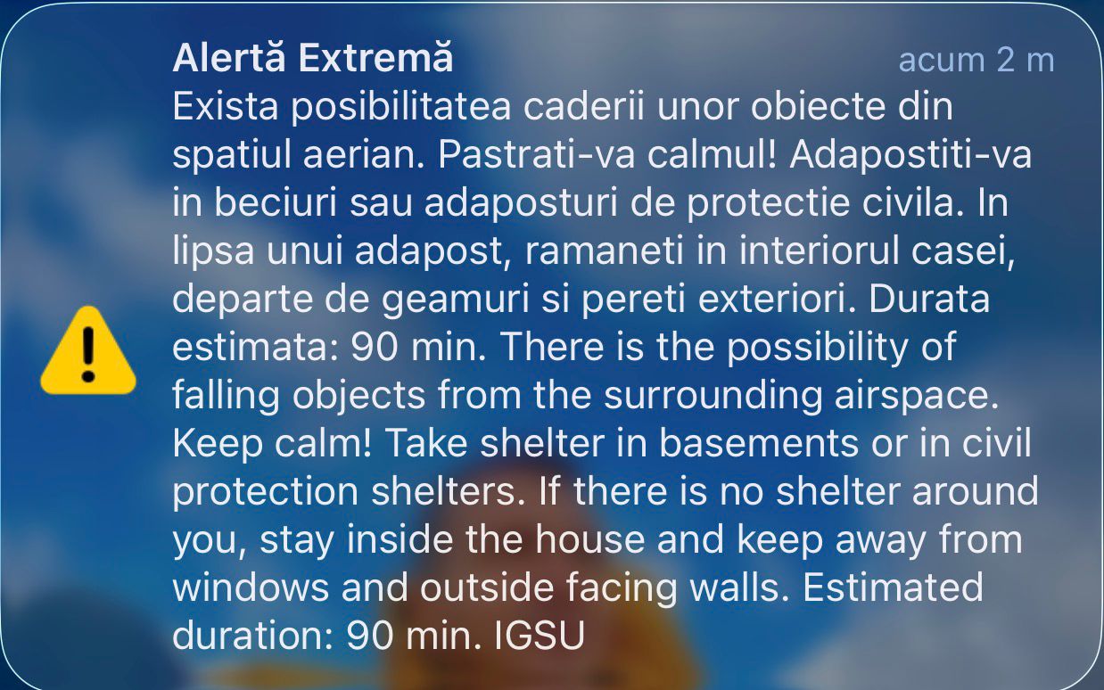 Atenție maximă în nordul județului Tulcea: autoritățile avertizează despre riscul de cădere a obiectelor din aer Locuitorii din zona de nord a județului Tulcea au fost luați prin surprindere, duminică seară, atunci când autoritățile locale și Inspectoratul pentru Situații de Urgență (IGSU) au emis un mesaj RO-Alert prin care le-au recomandat să fie vigilenți