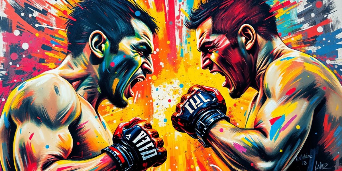 An abstract, expressionist painting in vibrant neon colors, capturing the raw energy and tension of a confrontation between two UFC fighters. The figures are dissolved into unrecognizable splatters, with only the essence of the moment conveyed through the explosive brushstrokes and clashing hues.