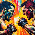 An abstract, expressionist painting in vibrant neon colors, capturing the raw energy and tension of a confrontation between two UFC fighters. The figures are dissolved into unrecognizable splatters, with only the essence of the moment conveyed through the explosive brushstrokes and clashing hues.