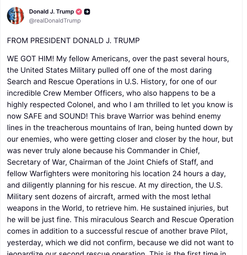 Un al doilea membru al echipajului american al avionului F-15 doborât deasupra Iranului a fost recuperat, anunță oficialii Washingtonului