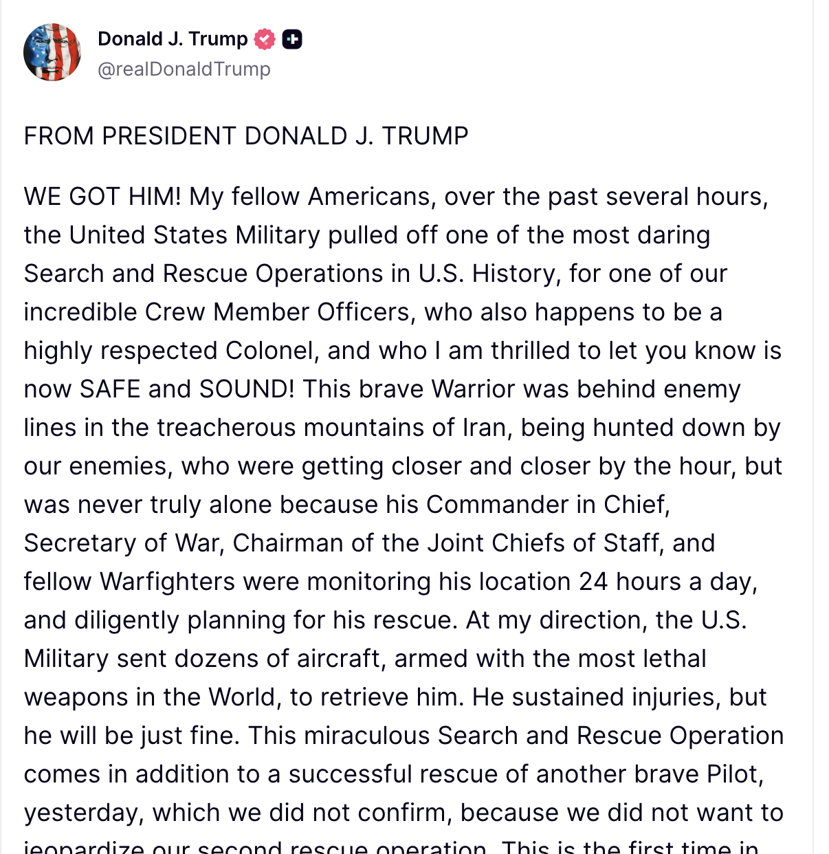 Un al doilea membru al echipajului american al avionului F-15 doborât deasupra Iranului a fost recuperat, anunță oficialii Washingtonului