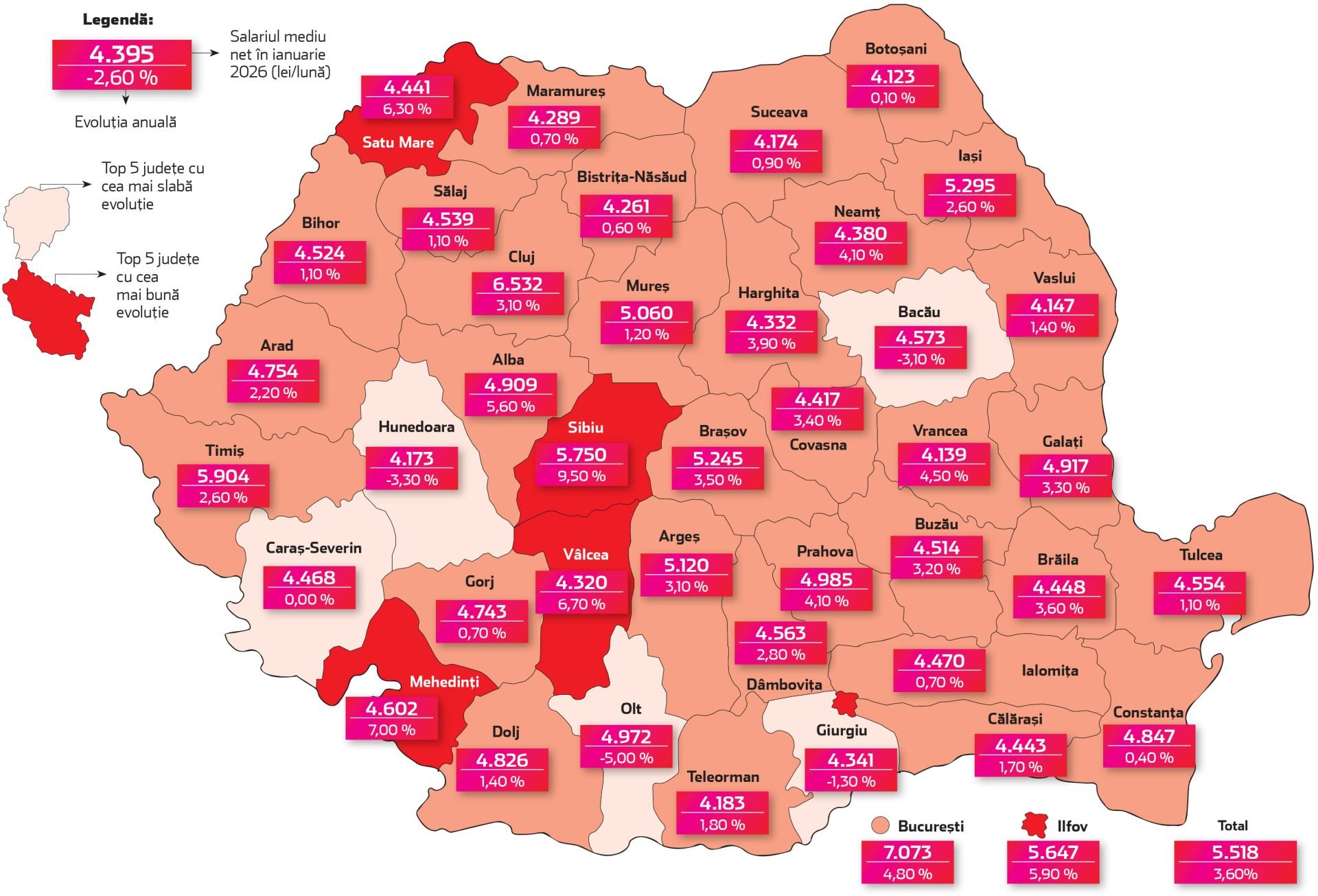 Harta salariilor în 2026: 4 județe, cu venituri sub cele de anul trecut