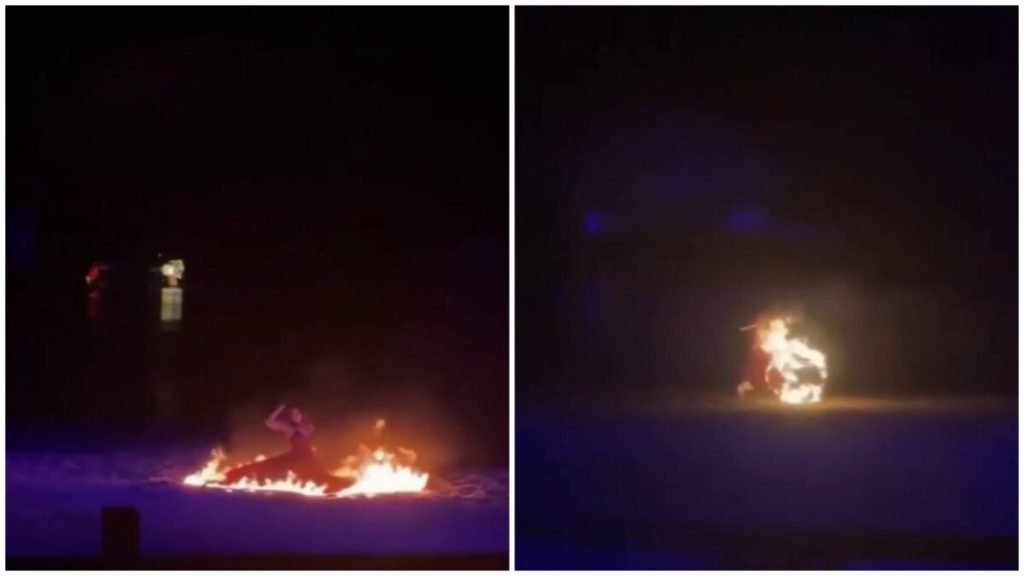 O dansatoare a scăpat ca prin minune cu viața în timpul unui spectacol cu foc, în China, după ce rochia i-a luat foc