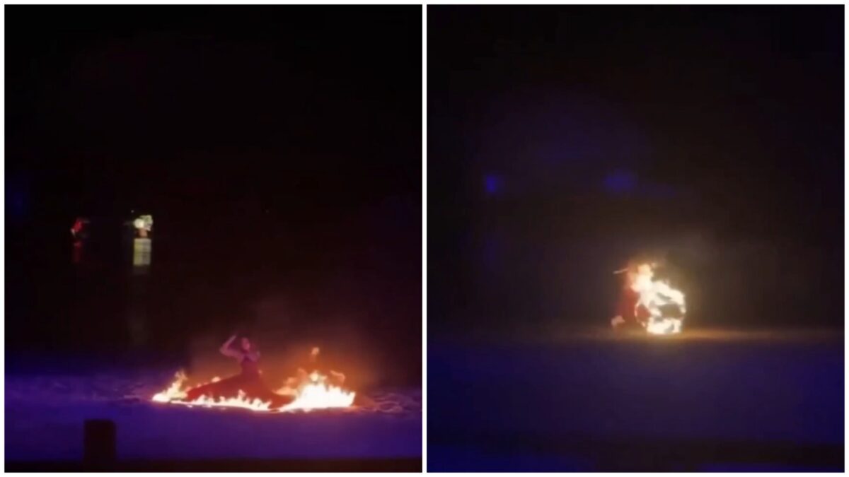O dansatoare a scăpat ca prin minune cu viața în timpul unui spectacol cu foc, în China, după ce rochia i-a luat foc
