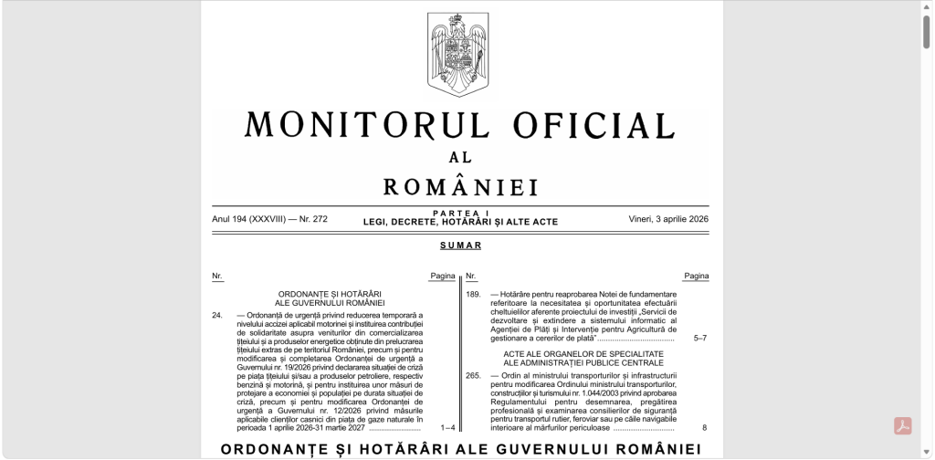 Guvernul a publicat în Monitorul Oficial Ordonanța de urgență 24/2026, prin care se reduce acciza la motorina standard și se introduce o contribuție de solidaritate pentru companiile petroliere, aspecte ce vor fi aplicate începând cu data de 7 aprilie 2026, pe durata situației de criză mondială a petrolului