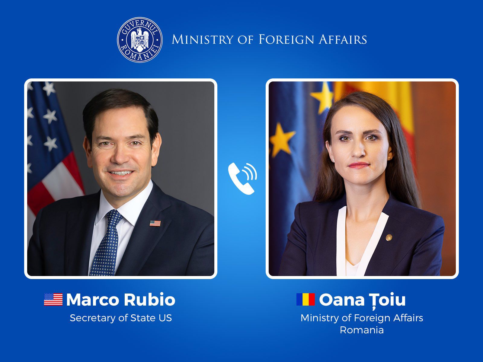 Ministrul Afacerilor Externe, Oana Țoiu, a discutat joi seară, prin telefon, cu secretarul de stat american Marco Rubio