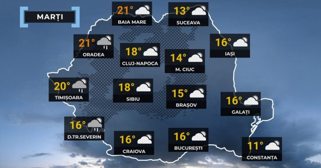 Vremea: Ploi sporadice în țară și ninsoare la munte. 22 de grade