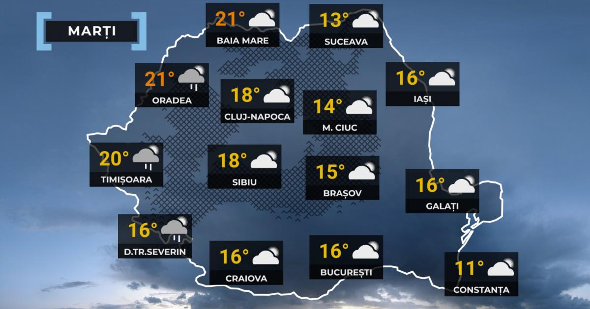 Vremea: Ploi sporadice în țară și ninsoare la munte. 22 de grade