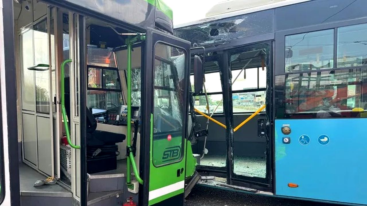 Accident STB la Piața Sudului: Autobuz și tramvai, ciocnire violentă
